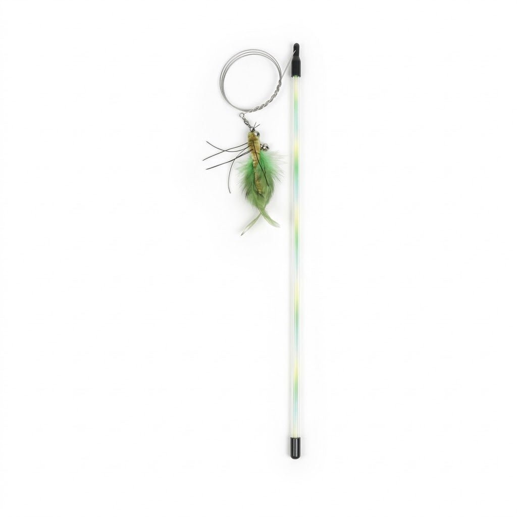 Dragonfly wand with green feather and loop handle, clear shaft and black tip