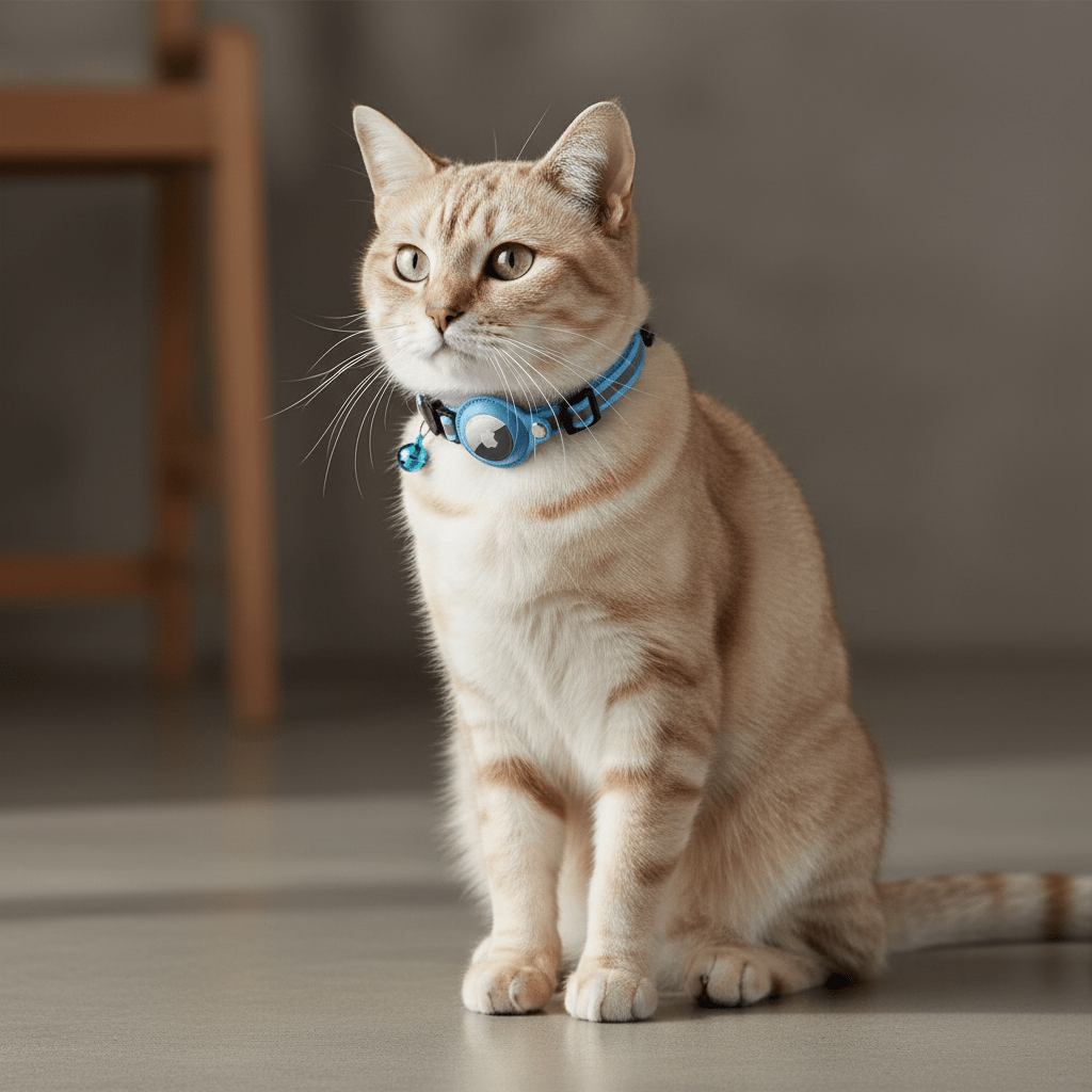 Cat wearing a blue collar with round tracker holder and bell charm