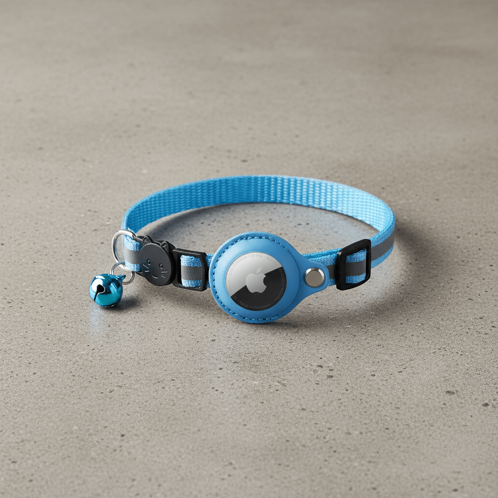 Blue cat collar with round tracker holder, black strap, and small bell charm