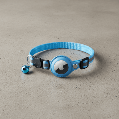 Blue cat collar with round tracker holder, black strap, and small bell charm