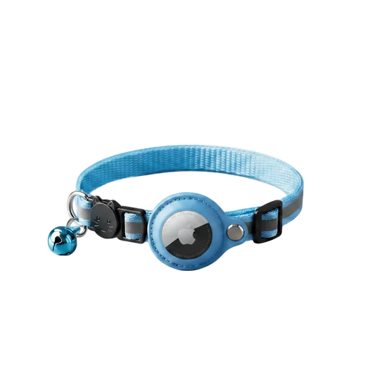 Blue AirTag cat collar with round holder and small paw charm