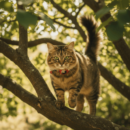 Cat wearing a red tracking collar with a round AirTag holder on a breakaway strap