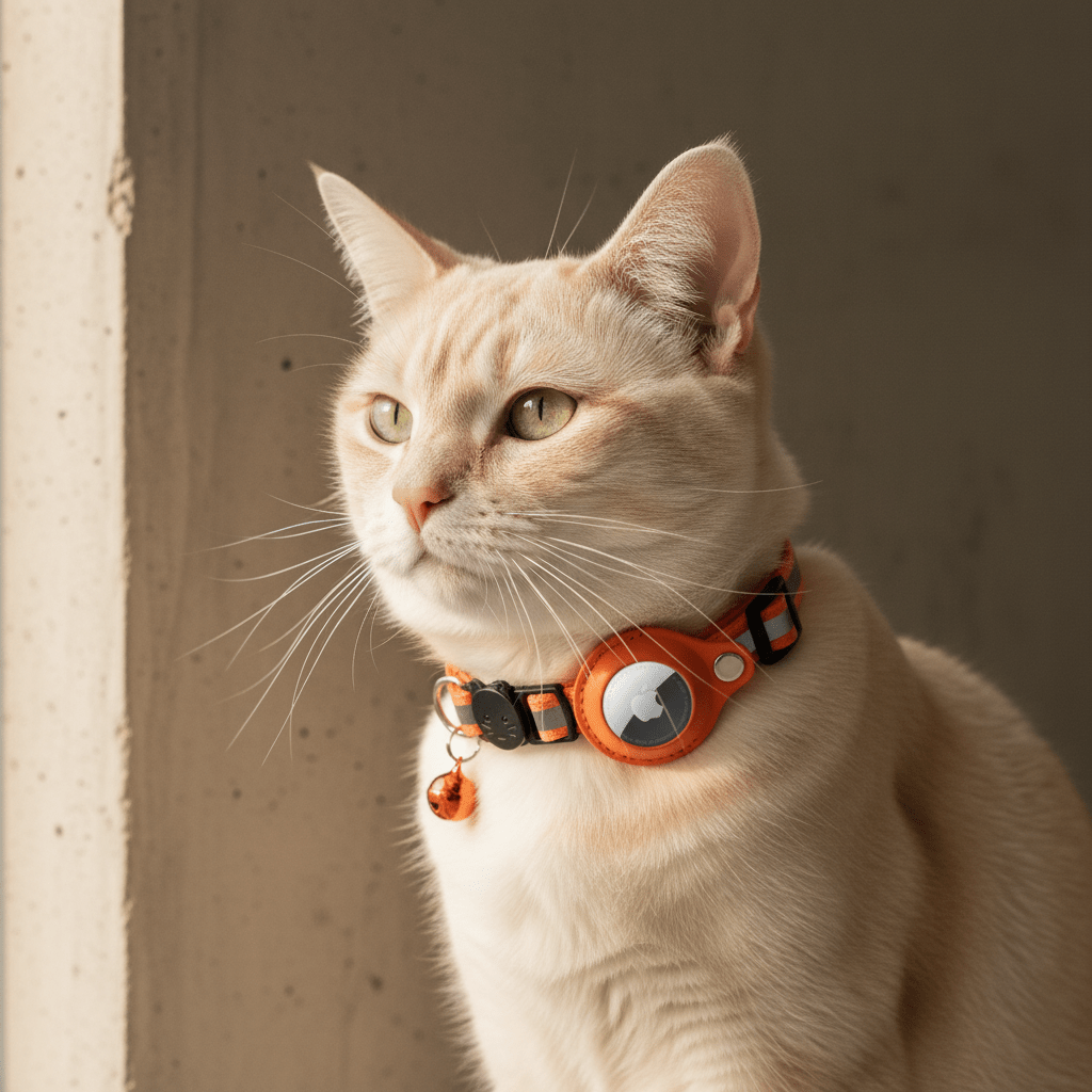 Cat wearing an orange tracking collar with a round AirTag holder and small charm
