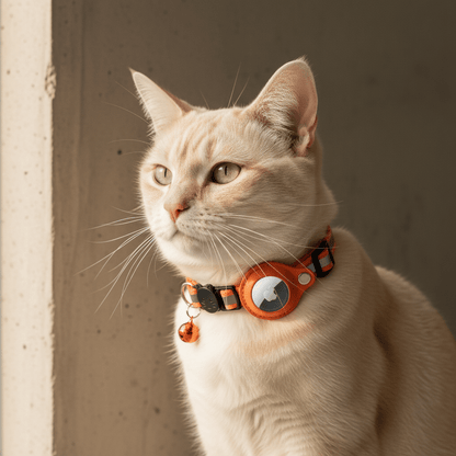 Cat wearing an orange tracking collar with a round AirTag holder and small charm