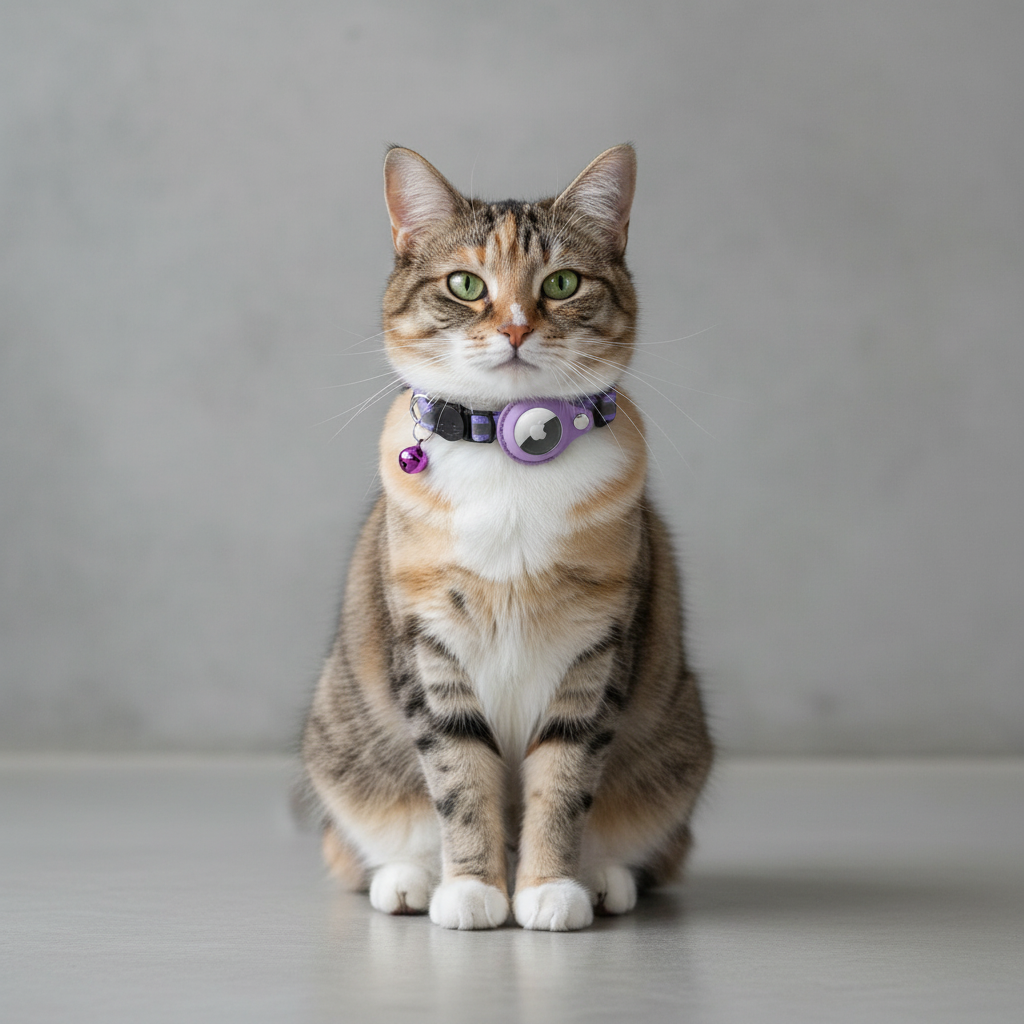 Cat wearing a purple collar with round tracker holder and bell charm