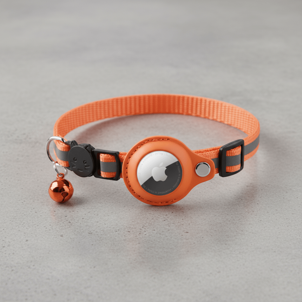 Orange cat collar with round tracker holder, black strap, and small bell charm