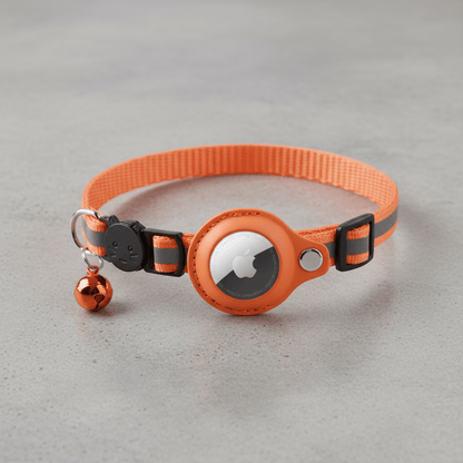 Orange cat collar with round tracker holder, black strap, and small bell charm