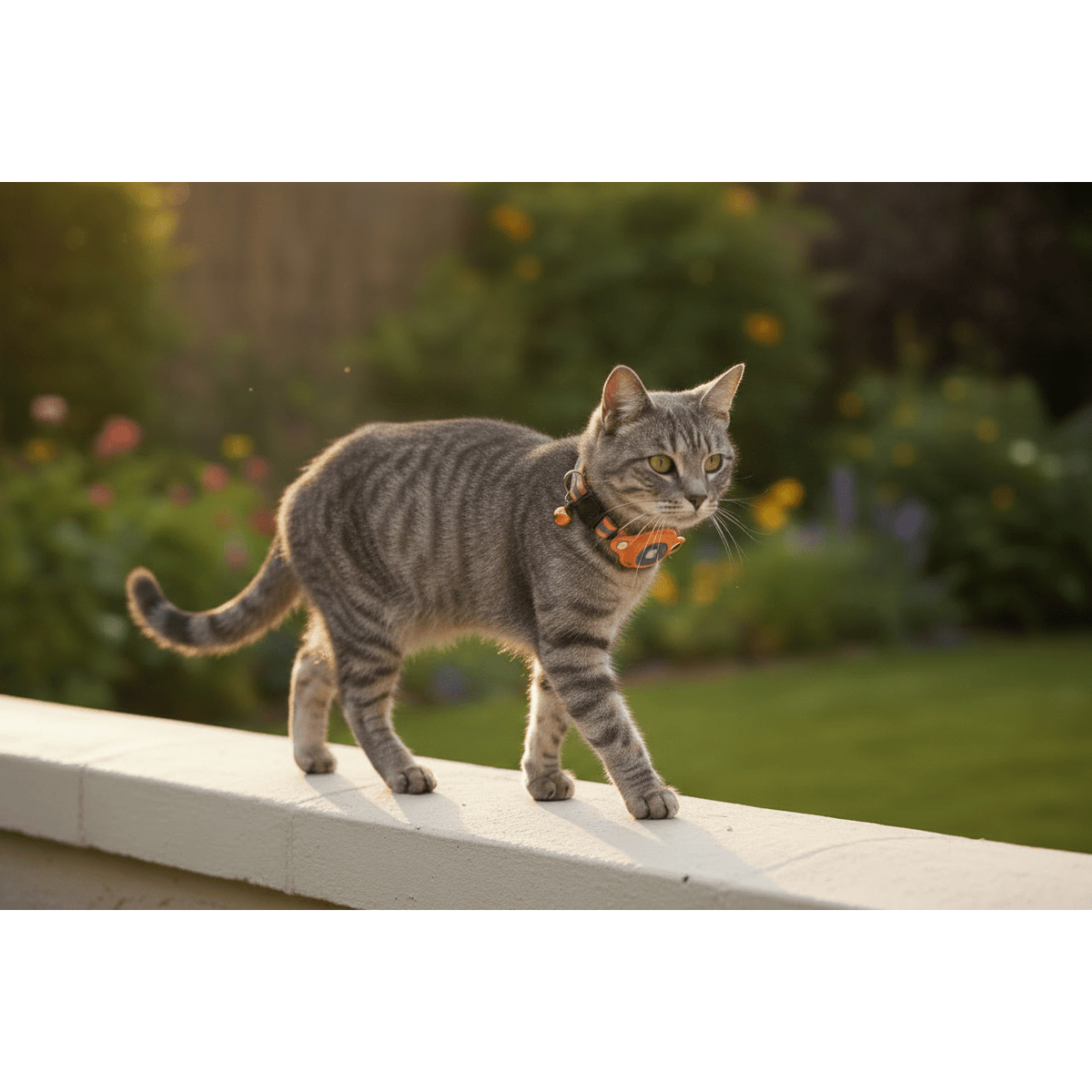 Cat wearing an orange tracking collar with a round AirTag holder and small tag charms