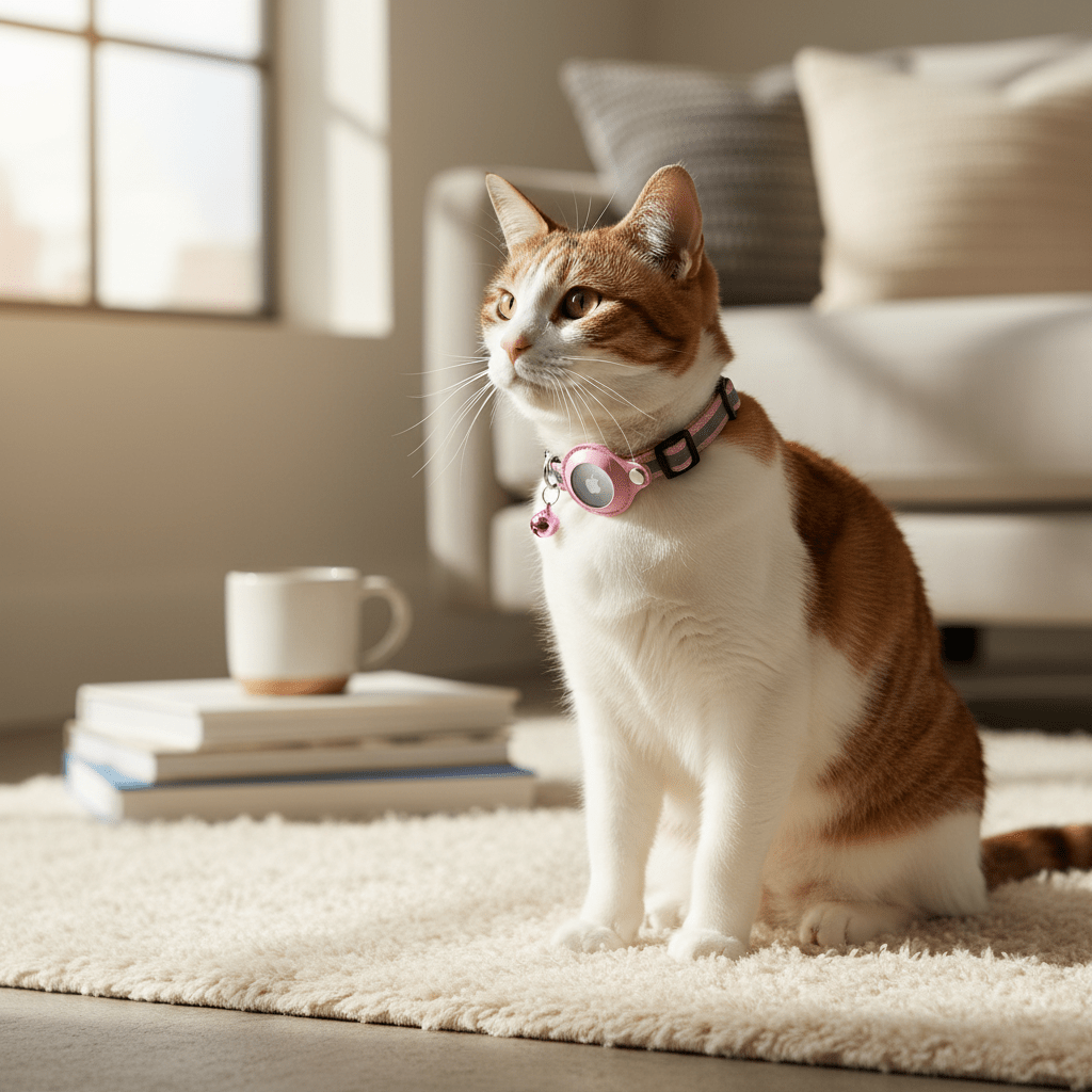 Cat wearing a pink tracking collar with a round AirTag holder and small bell charm