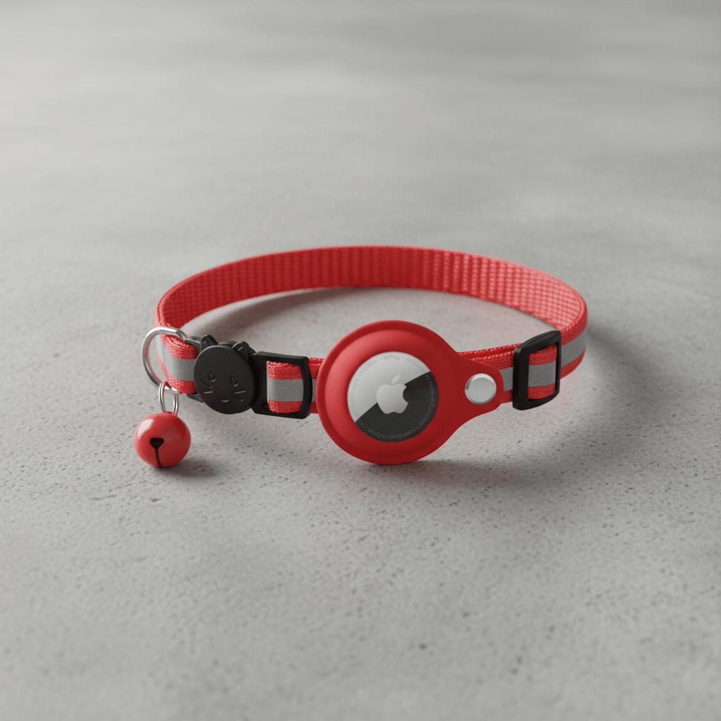 Red cat collar with round tracker holder and small bell charm