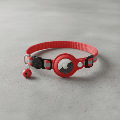 Red cat collar with round tracker holder and small bell charm