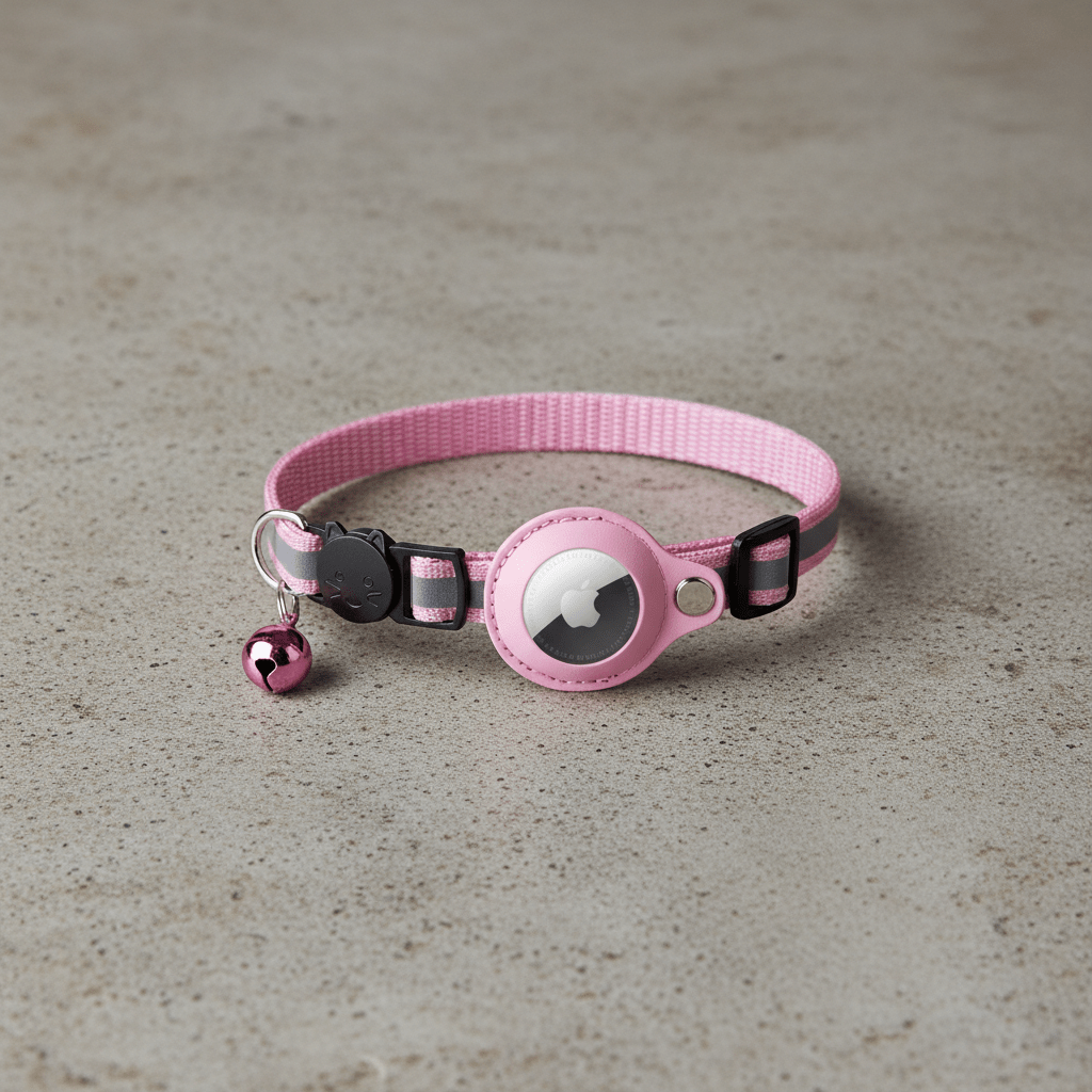 Pink cat collar with round tracker holder and small bell charm