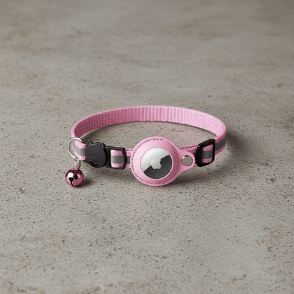 Pink cat collar with round tracker holder and small bell charm