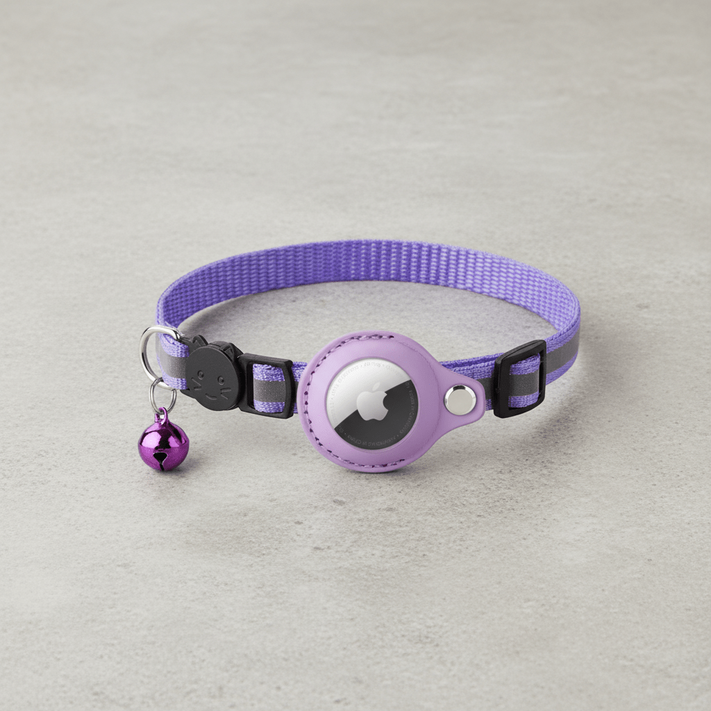 Purple cat collar with round tracker holder, black strap, and small bell charm
