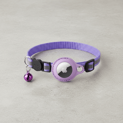 Purple cat collar with round tracker holder, black strap, and small bell charm