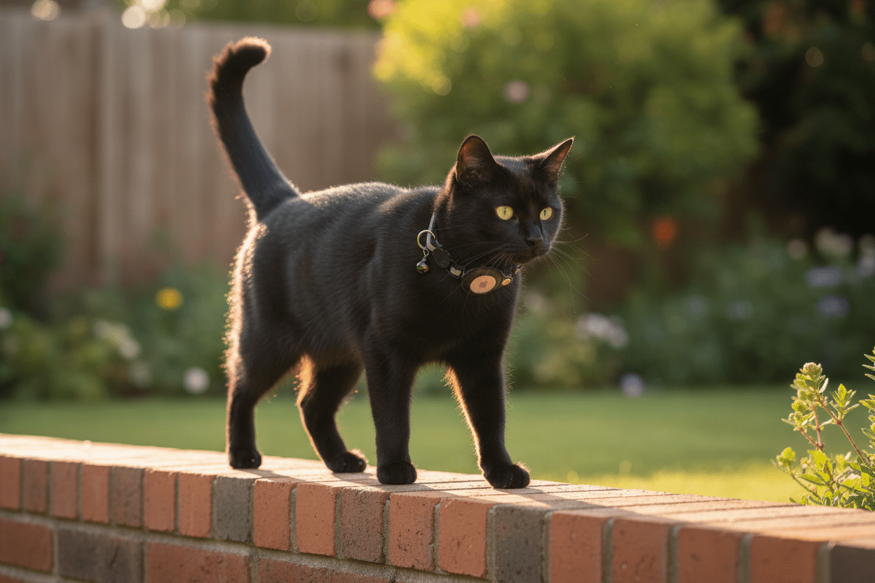 Cat wearing a dark tracking collar with a round AirTag holder and hanging tag charm
