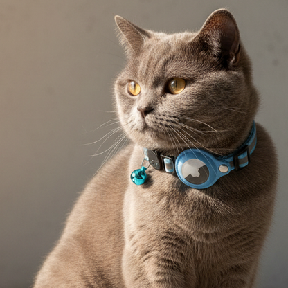 Cat wearing a blue tracking collar with a round AirTag holder and dangling charm
