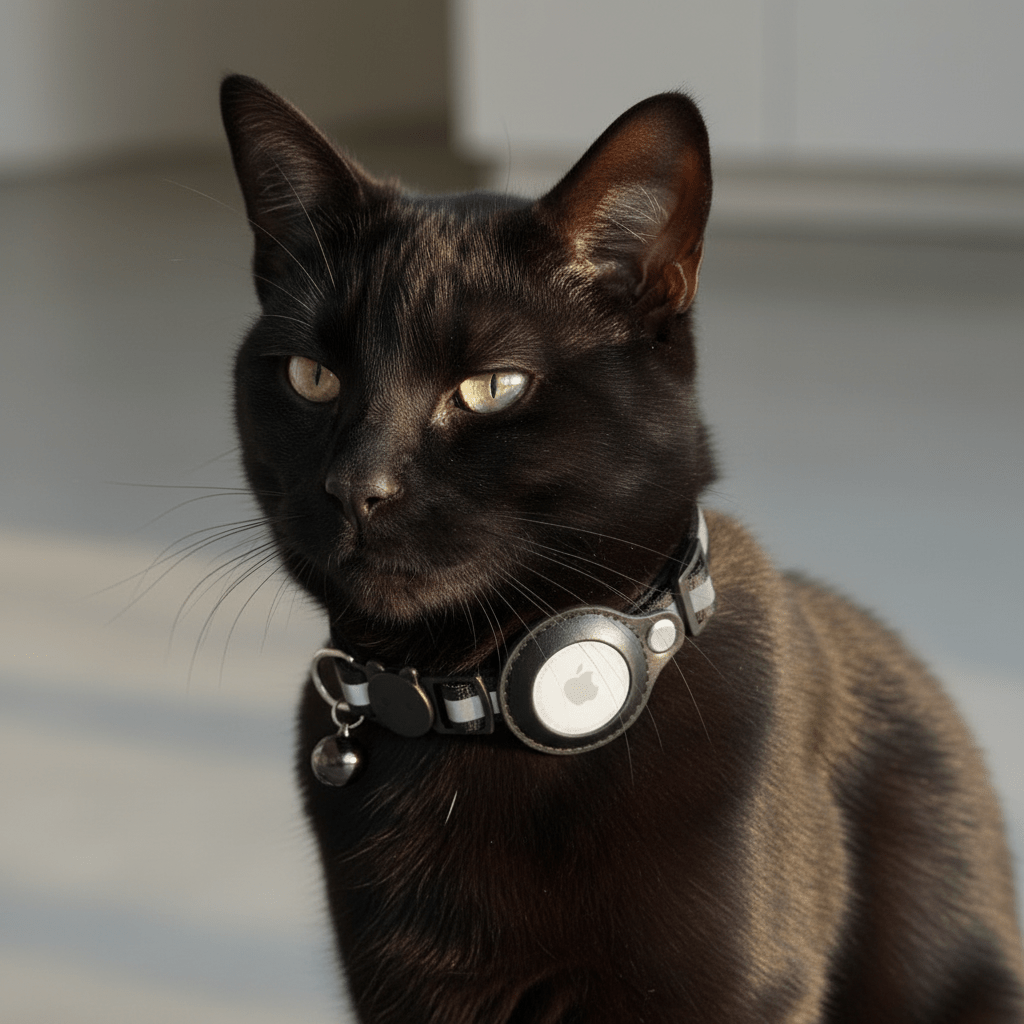 Cat wearing a black tracking collar with a round AirTag holder and metal tag charm