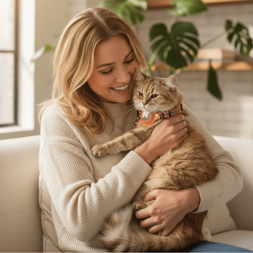 Tracking collar for cats with an orange AirTag holder and round device charm