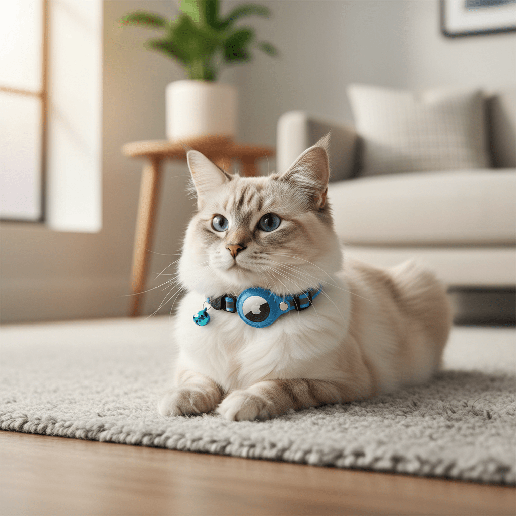 Cat wearing a blue collar with round tracker holder and bell charm