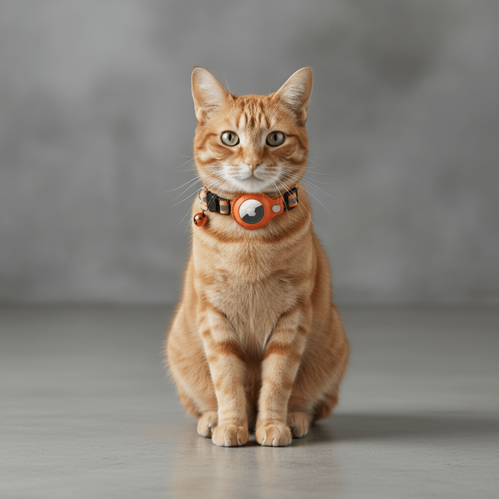 Cat wearing an orange collar with round tracker holder and bell charm