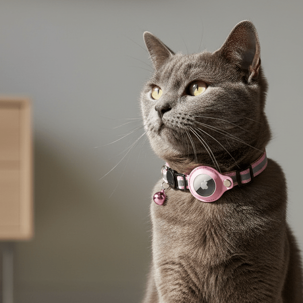 Cat wearing a dark tracking collar with a round AirTag holder and small hanging beads