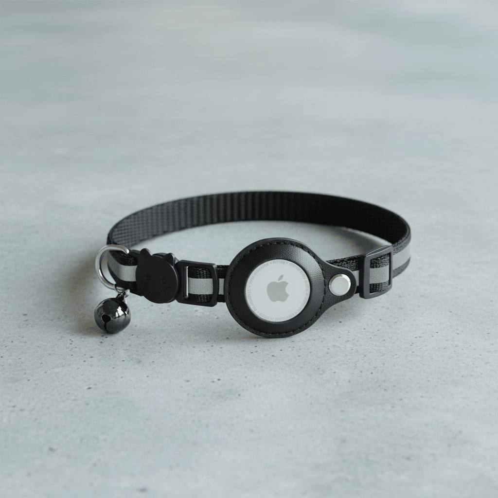 Black cat collar with round tracker holder and small bell charm