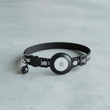 Black cat collar with round tracker holder and small bell charm