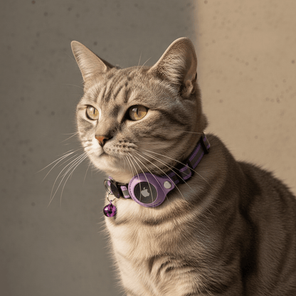 Cat wearing a purple tracking collar with a round AirTag holder and dangling beads