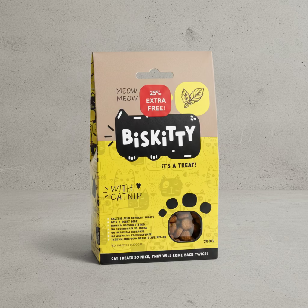 Cat treats package front in yellow with paw prints and catnip flavor, 200g