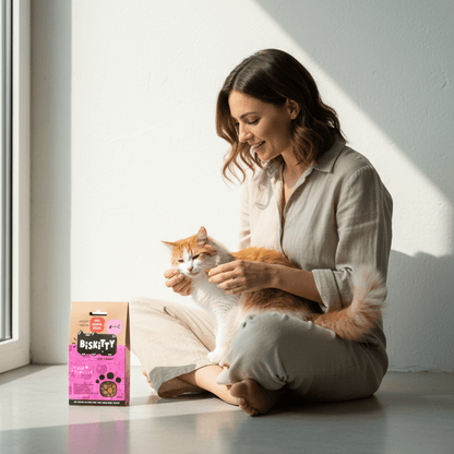 Pink cat treats package on floor beside a seated cat