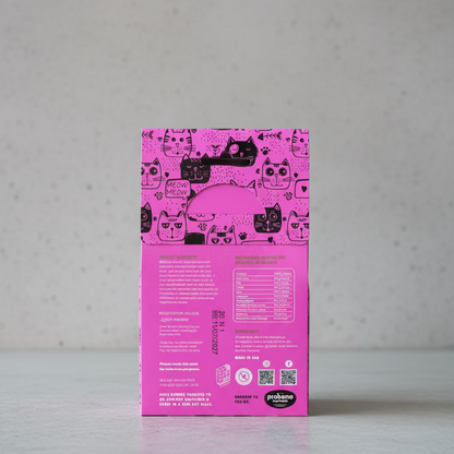 Cat treats box back in pink with cat illustrations and nutrition panel, 200g