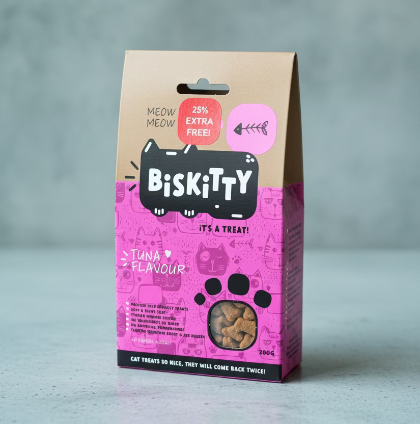 Cat treats package front in pink with paw prints and tuna flavour, 200g