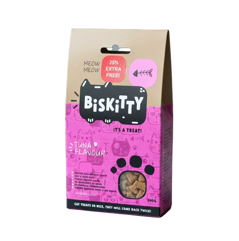 Cat treats package front in pink with paw prints and tuna flavour, 200g