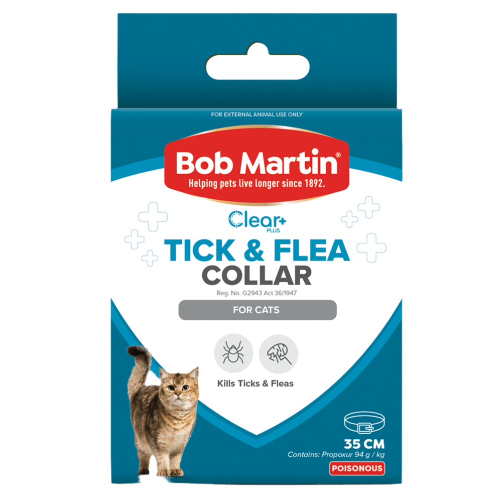 Cat tick and flea collar box, clear plus collar, Bob Martin brand