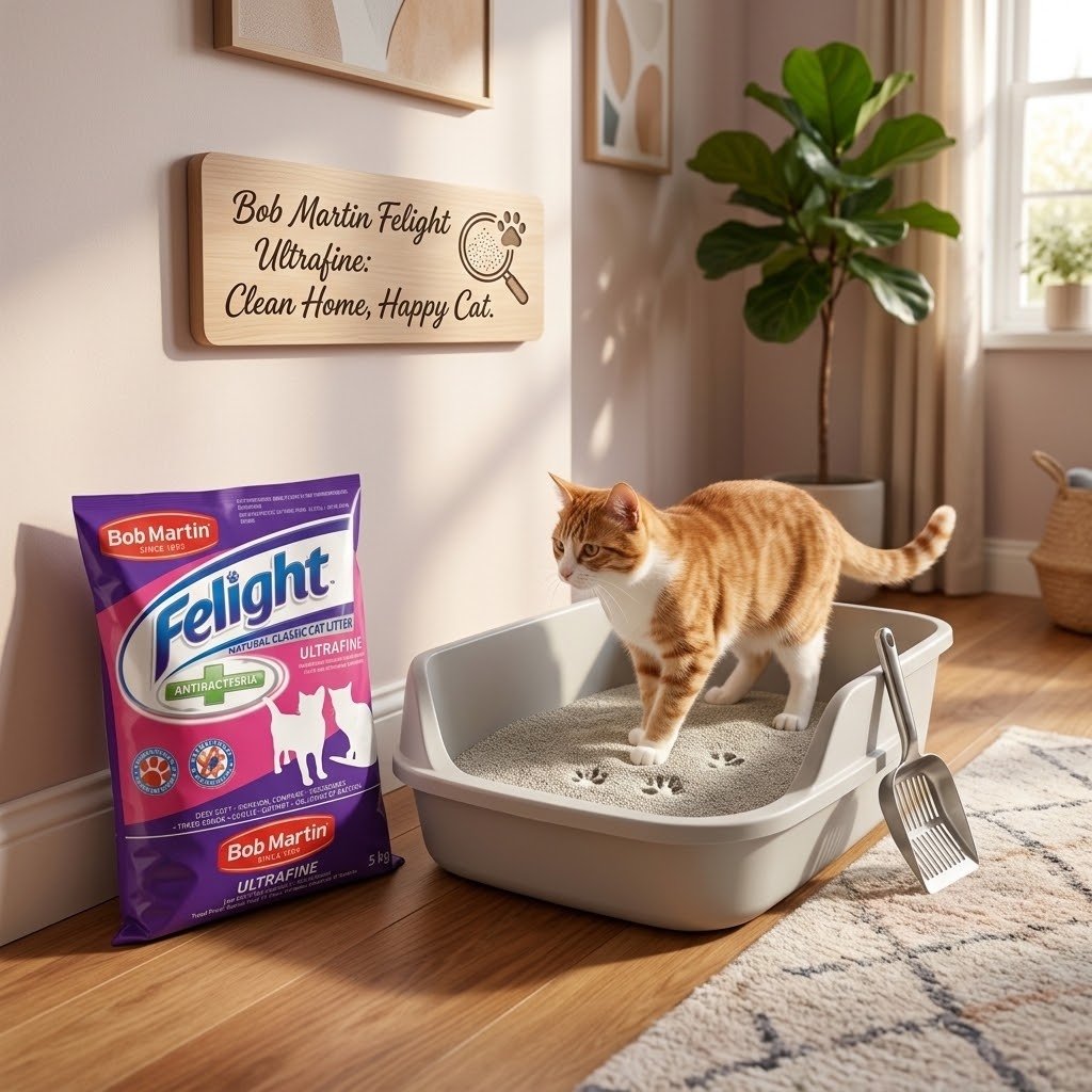 Cat litter tray with orange cat beside Bob Martin Felight ultra fine 5 kg bag