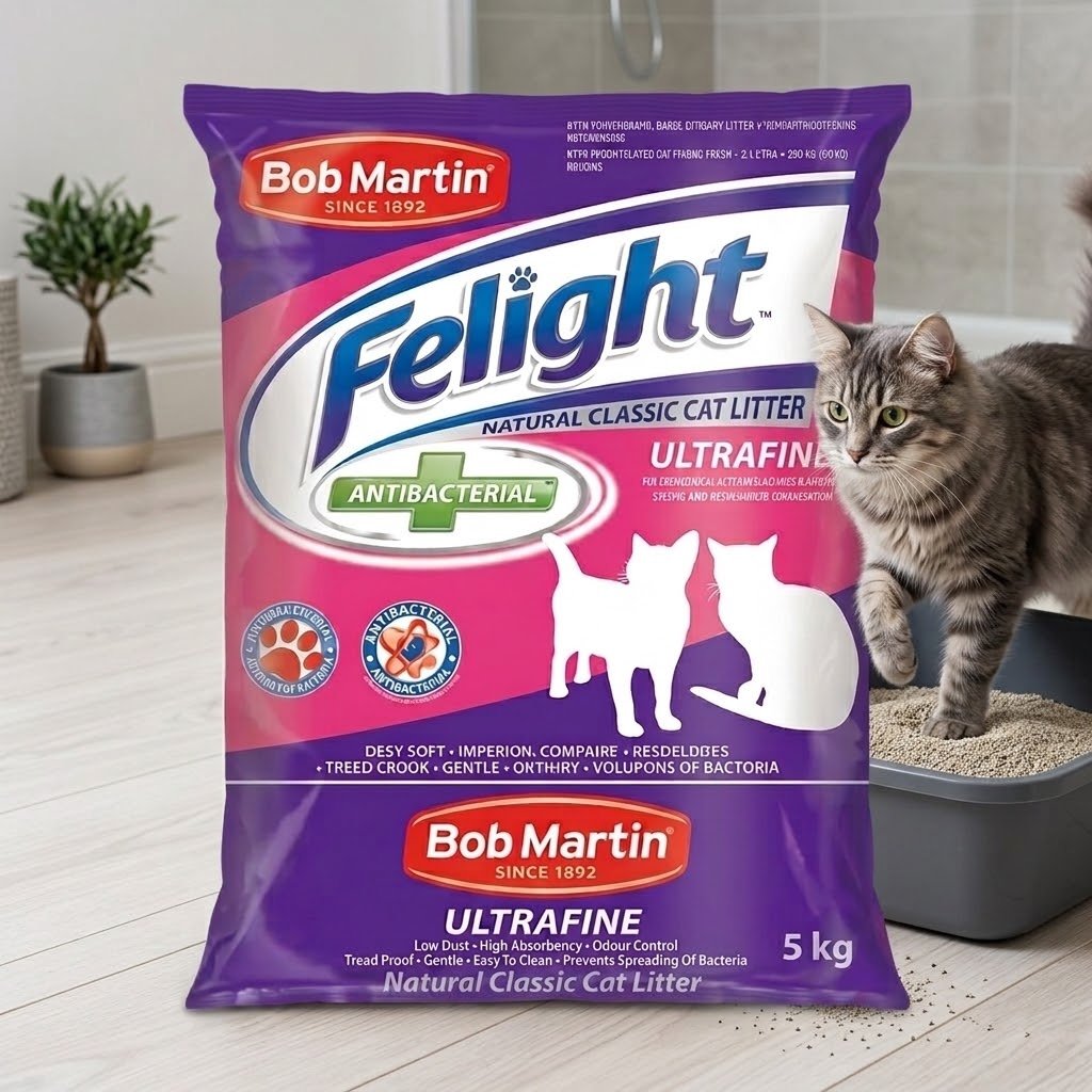 Bob Martin Felight ultra fine antibacterial cat litter, 5 kg bag with gray cat