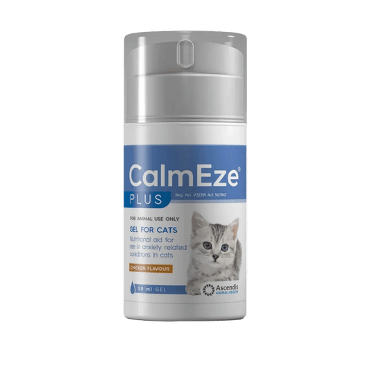 CalmEze PLUS cat calming gel in clear plastic bottle with blue label and cat image