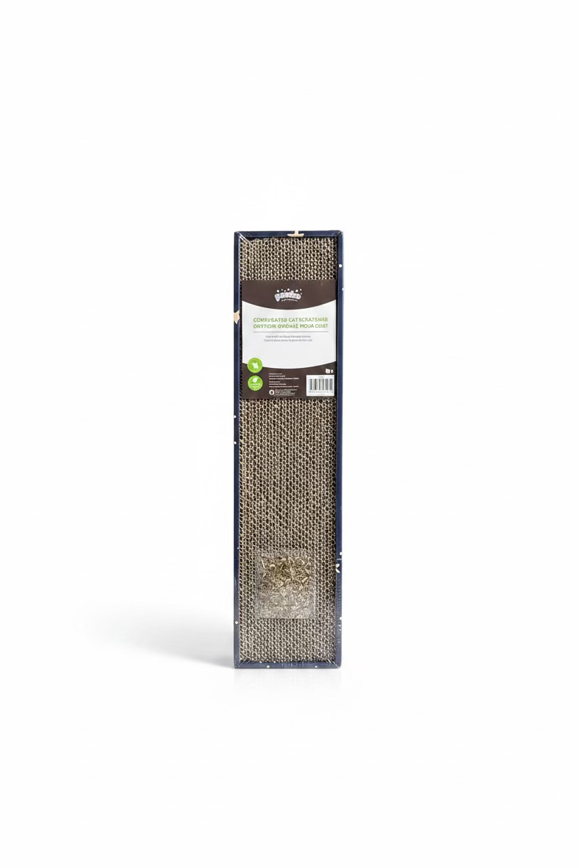 Cat scratcher with catnip retail box, shown upright.