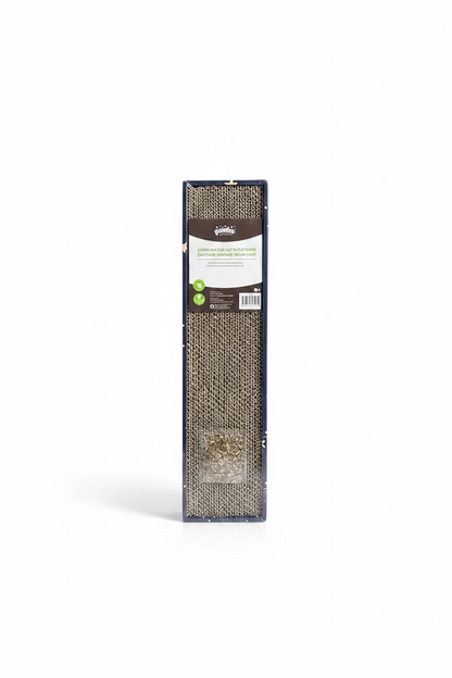 Cat scratcher with catnip retail box, shown upright.