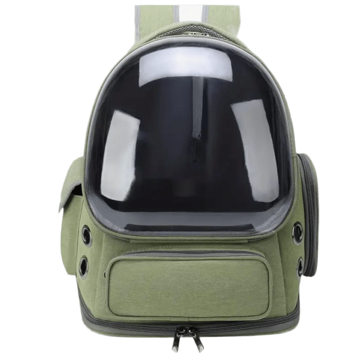 Olive cat carrier backpack with clear dome window and zip front pocket