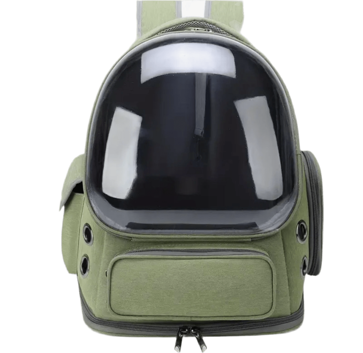 Olive cat carrier backpack with clear dome window and zip front pocket