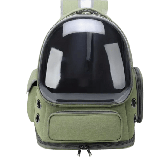 Olive cat carrier backpack with clear dome window and zip front pocket
