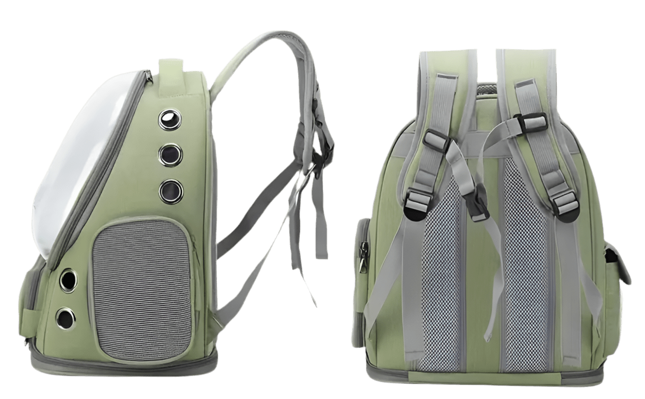 Olive cat carrier backpack with side view, gray mesh panels, and adjustable shoulder straps