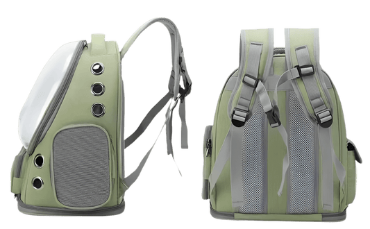 Olive cat carrier backpack with side view, gray mesh panels, and adjustable shoulder straps
