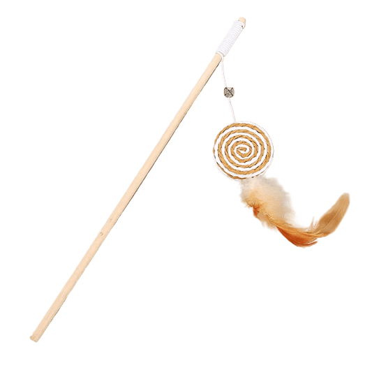 Cat feather wand toy with rope-striped spiral ball and orange dangling feather