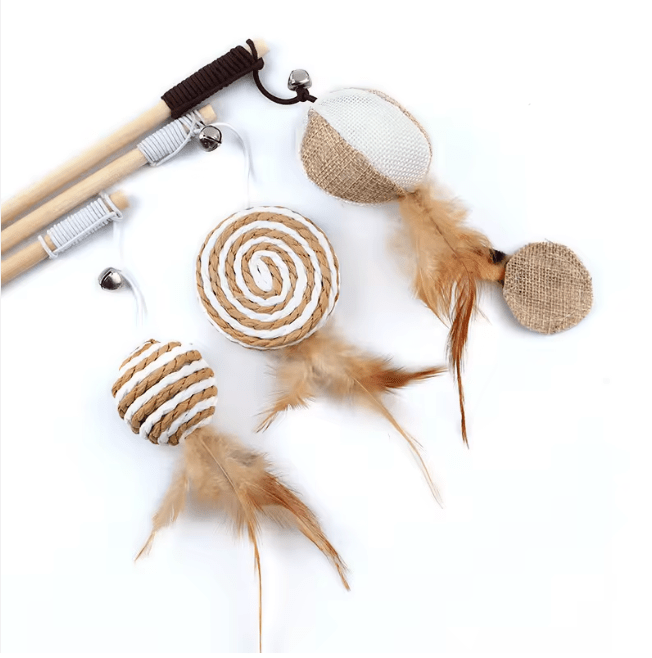 Cat feather wand toy with wooden sticks, jute ball, rope-striped parts, and feathers