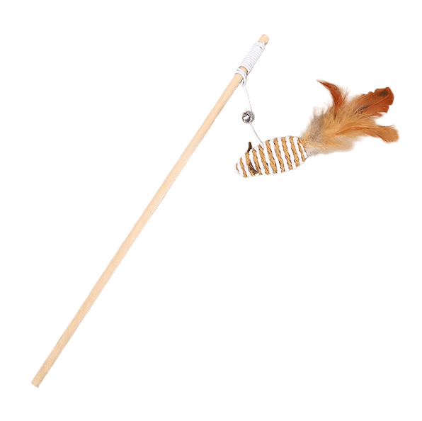 Cat feather wand toy with rope-striped spiral ball and orange dangling feather