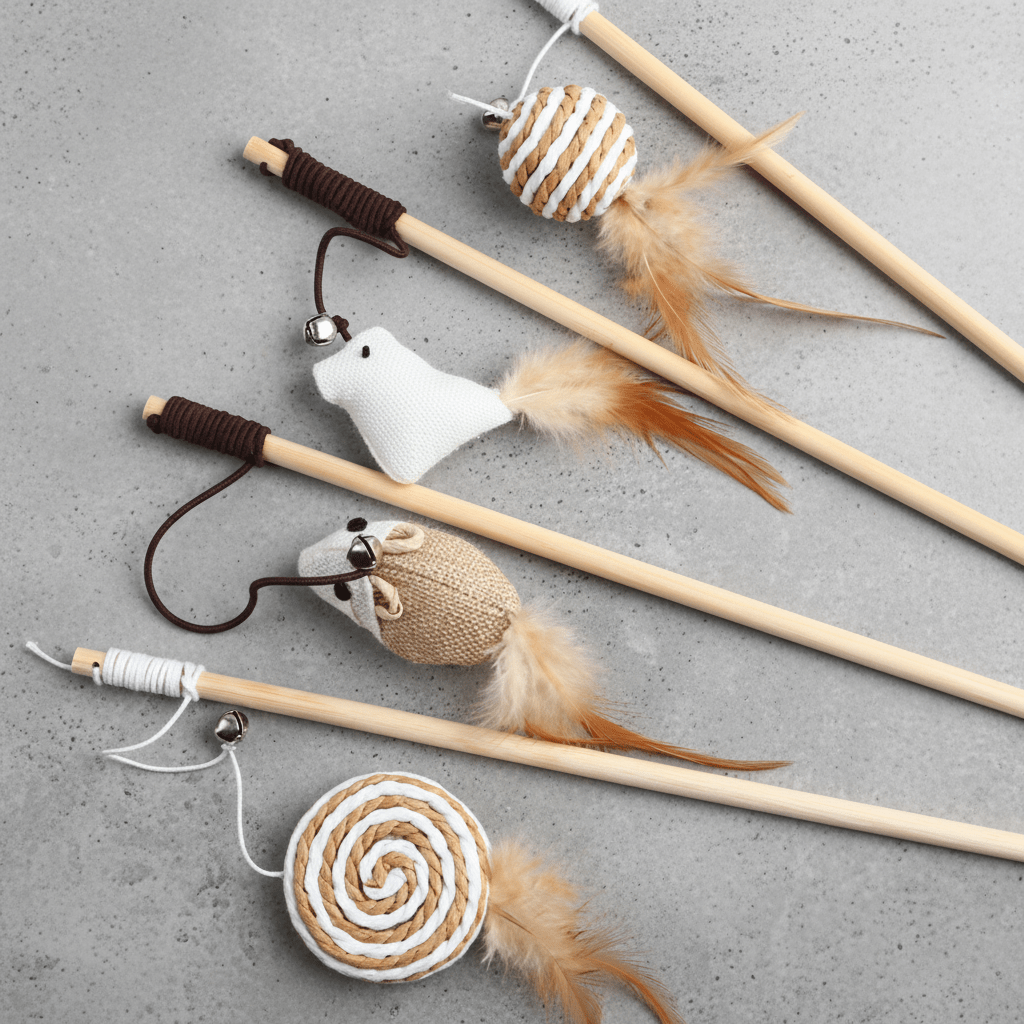 Cat feather wand toy with rope-striped ball, fabric mouse, and dangling feathers