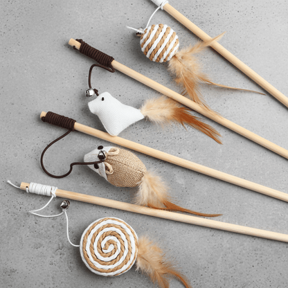 Cat feather wand toy with rope-striped ball, fabric mouse, and dangling feathers